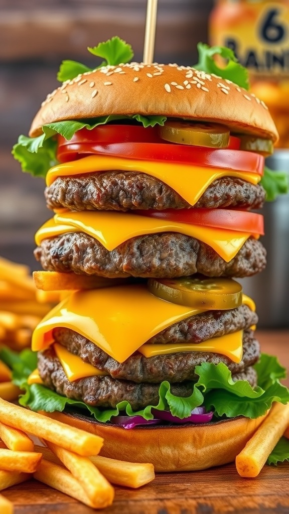 A towering 8Cuts burger with beef patty, cheese, lettuce, tomato, and pickles on a toasted bun, served with fries.